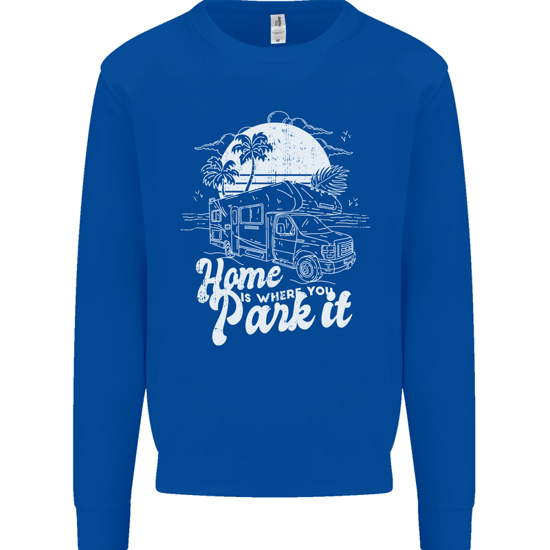 Home Is Where You Park It Funny Caravan Kids Sweatshirt Jumper Royal Blue