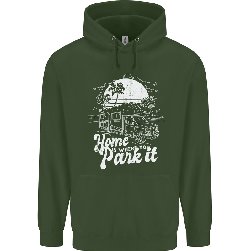 Home Is Where You Park It Funny Caravan Mens 80% Cotton Hoodie Forest Green