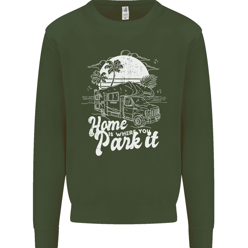 Home Is Where You Park It Funny Caravan Mens Sweatshirt Jumper Forest Green