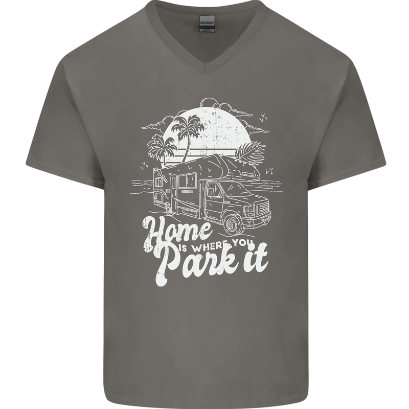 Home Is Where You Park It Funny Caravan Mens V-Neck Cotton T-Shirt Charcoal