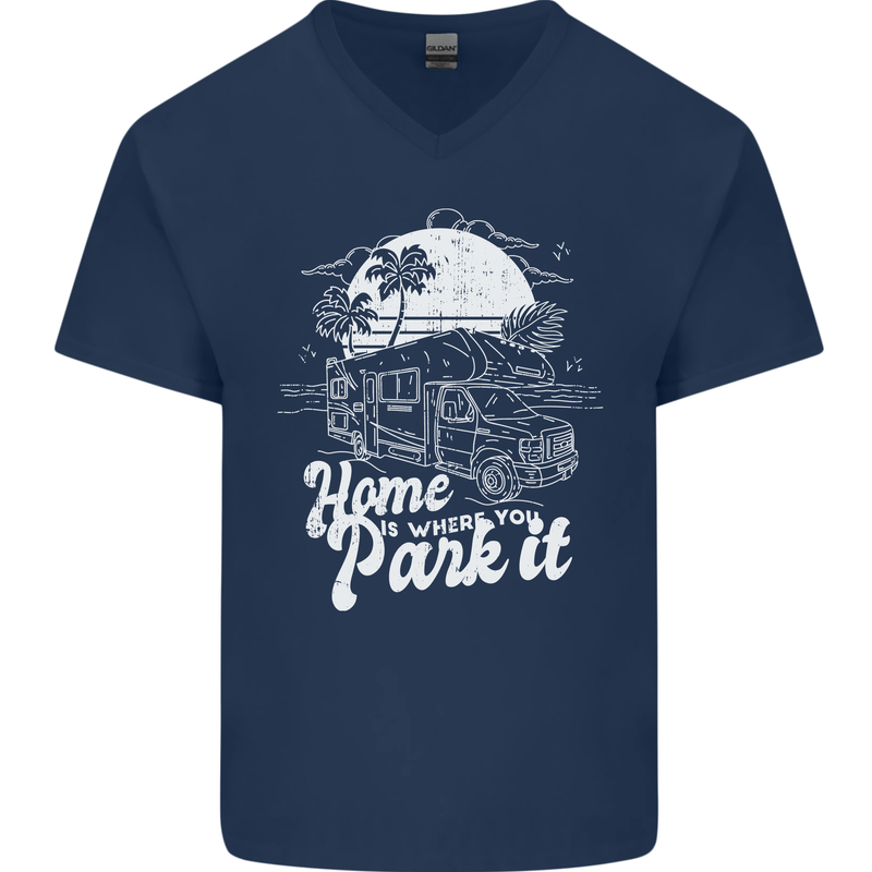 Home Is Where You Park It Funny Caravan Mens V-Neck Cotton T-Shirt Navy Blue