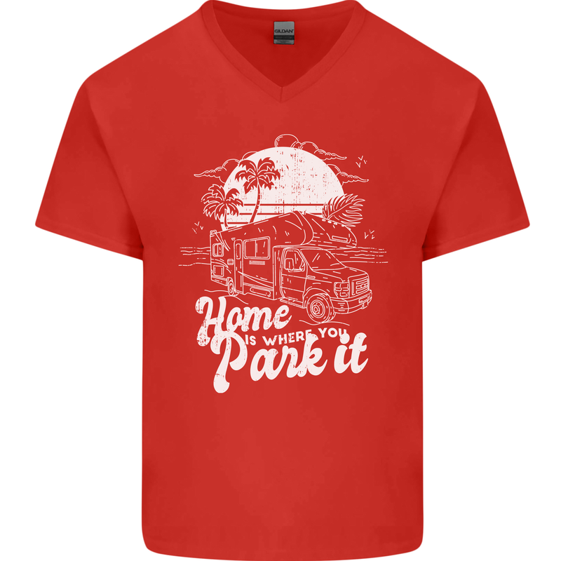 Home Is Where You Park It Funny Caravan Mens V-Neck Cotton T-Shirt Red