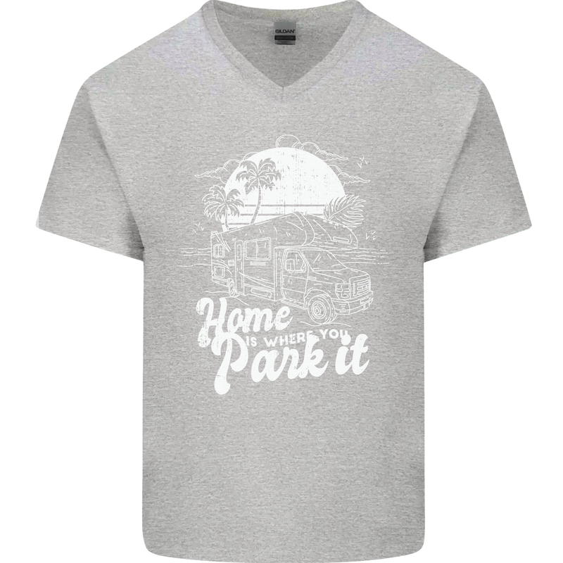 Home Is Where You Park It Funny Caravan Mens V-Neck Cotton T-Shirt Sports Grey