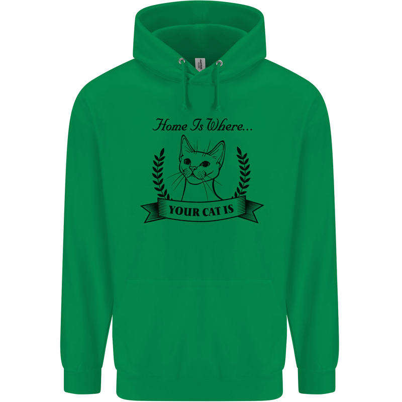 Home Is Where Your Cat Is Funny Kitten Mens 80% Cotton Hoodie Irish Green