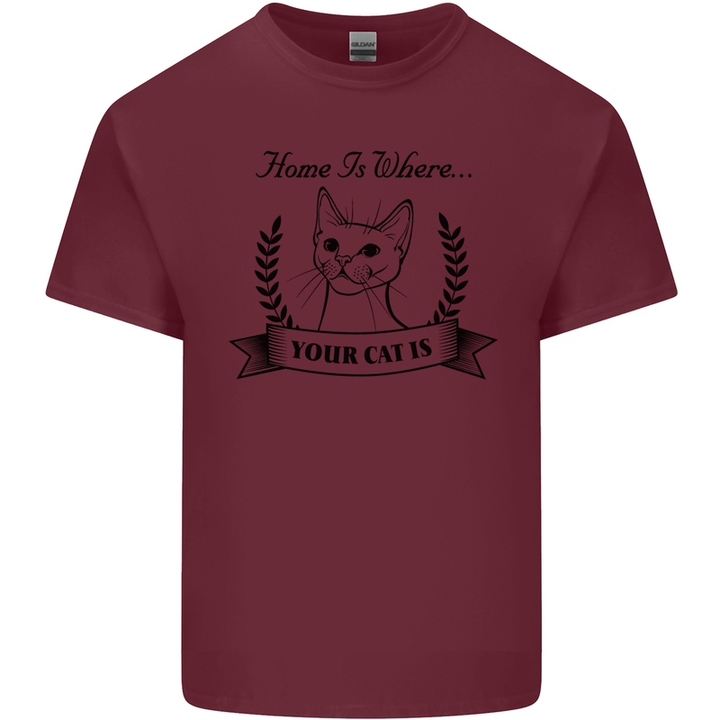 Home Is Where Your Cat Is Funny Kitten Mens Cotton T-Shirt Tee Top Maroon