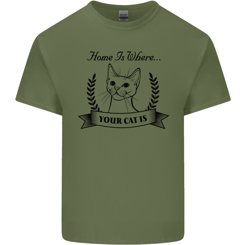 Home Is Where Your Cat Is Funny Kitten Mens Cotton T-Shirt Tee Top Military Green