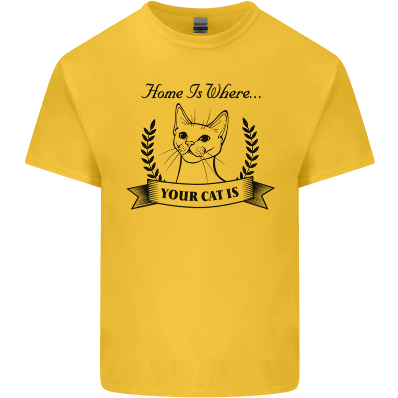 Home Is Where Your Cat Is Funny Kitten Mens Cotton T-Shirt Tee Top Yellow