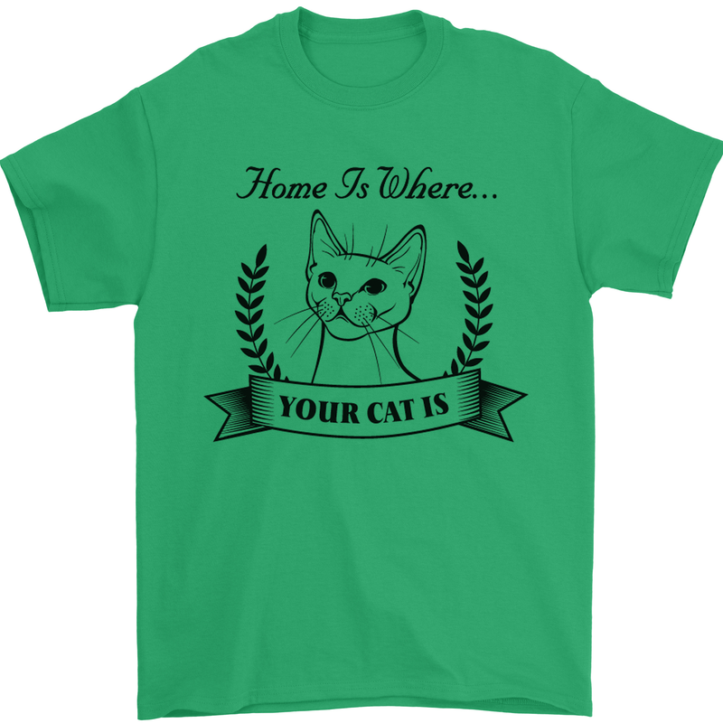 Home Is Where Your Cat Is Funny Kitten Mens T-Shirt Cotton Gildan Irish Green