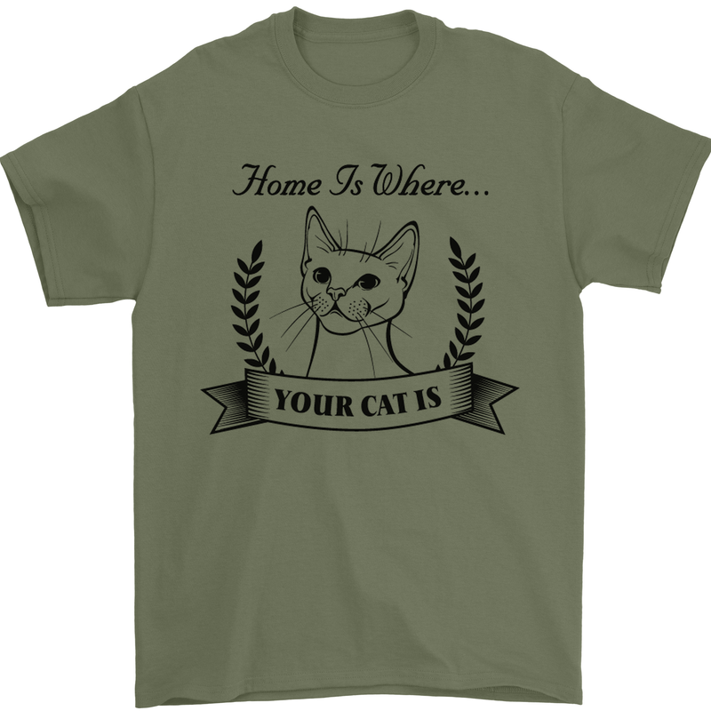 Home Is Where Your Cat Is Funny Kitten Mens T-Shirt Cotton Gildan Military Green