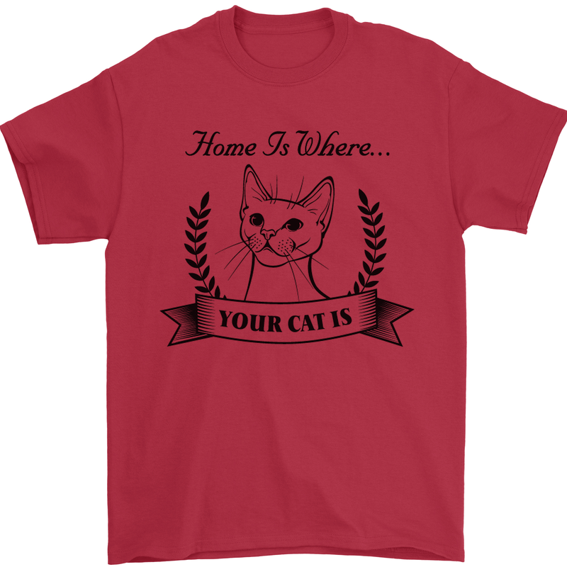Home Is Where Your Cat Is Funny Kitten Mens T-Shirt Cotton Gildan Red