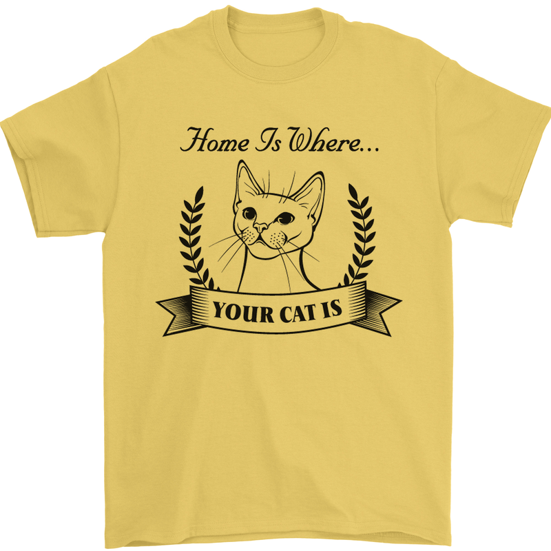 Home Is Where Your Cat Is Funny Kitten Mens T-Shirt Cotton Gildan Yellow