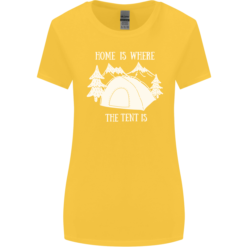 Home Is Where the Tent Is Funny Camping Womens Wider Cut T-Shirt Yellow