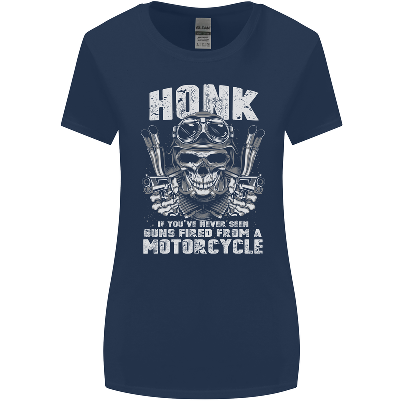 Honk Guns Fired From a Motorcycle Biker Womens Wider Cut T-Shirt Navy Blue