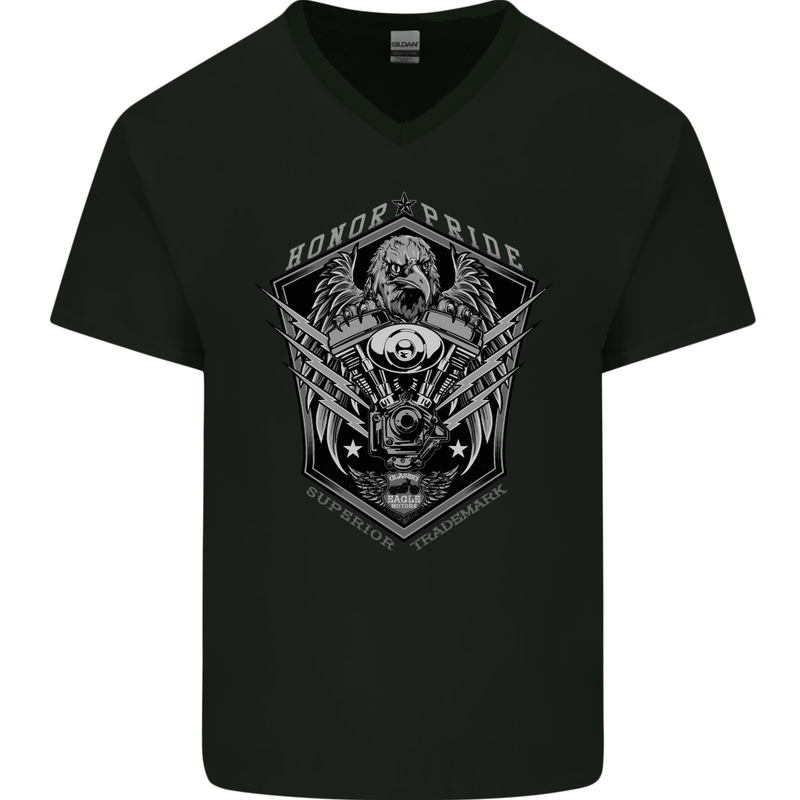 Honor & Pride Eagle Motorbike Motorcycle Mens V-Neck Cotton T-Shirt Black