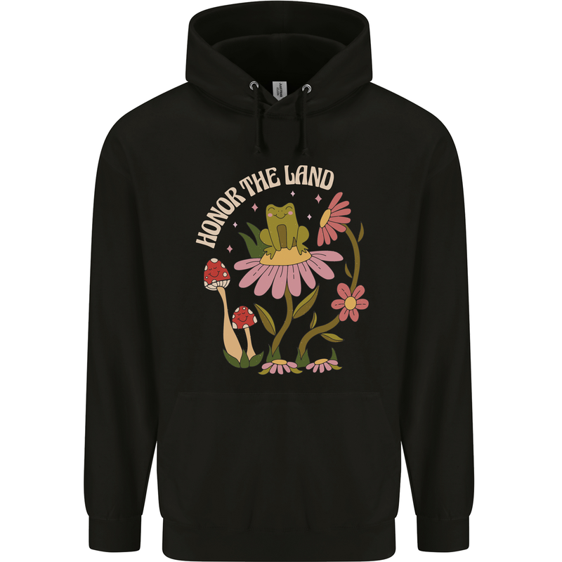 Honor the Land Frog Climate Change Hippy Childrens Kids Hoodie Black