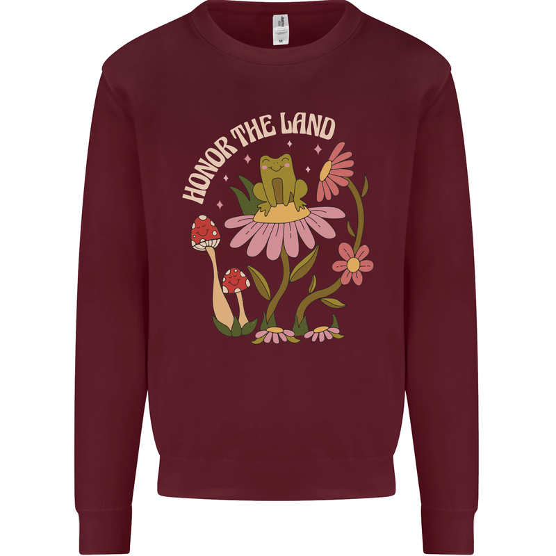 Honor the Land Frog Climate Change Hippy Kids Sweatshirt Jumper Maroon