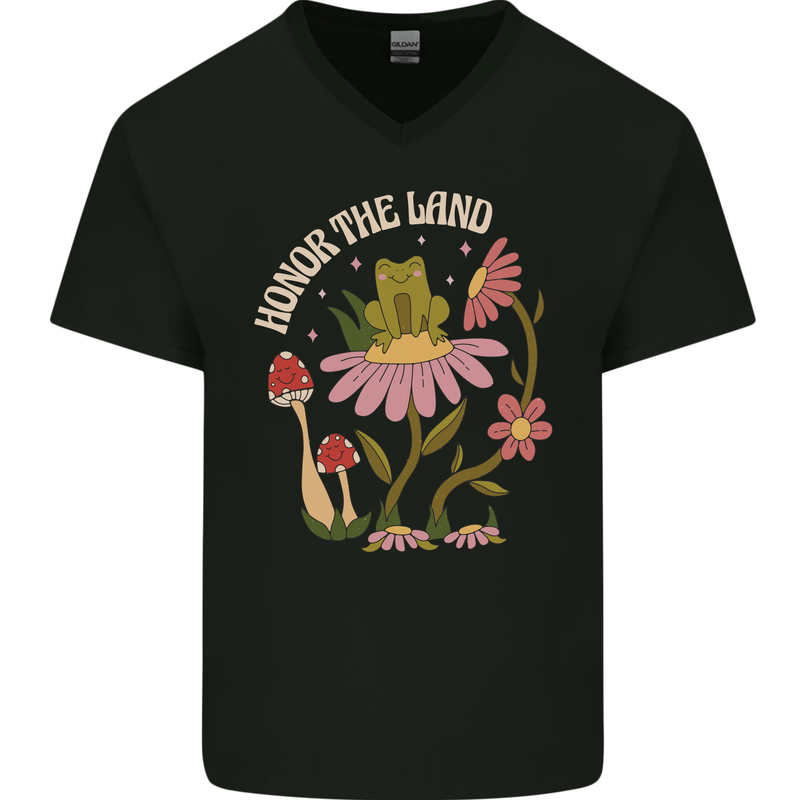 Honor the Land Frog Climate Change Hippy Mens V-Neck Cotton T-Shirt Black