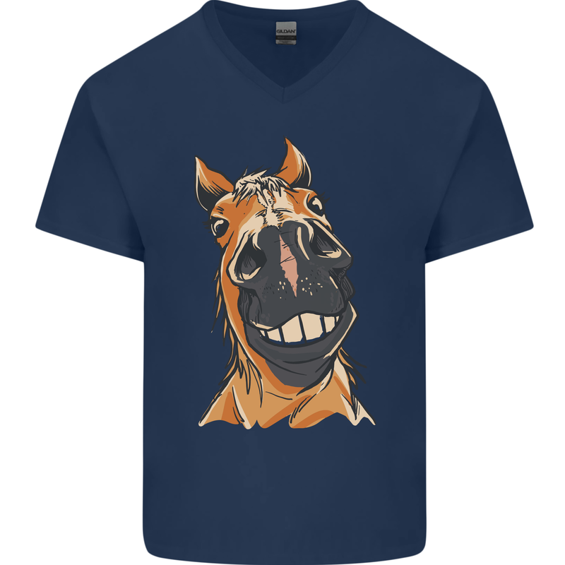 Horse Chops Equestrian Riding Mens V-Neck Cotton T-Shirt Navy Blue
