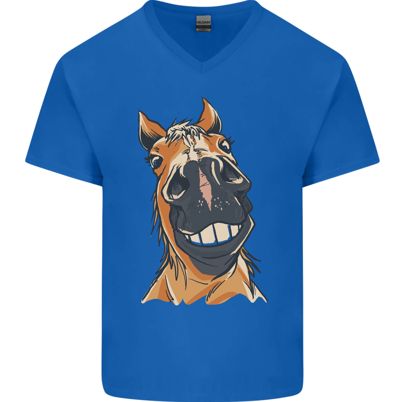 Horse Chops Equestrian Riding Mens V-Neck Cotton T-Shirt Royal Blue