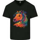 Horse Head Equestrian Mens V-Neck Cotton T-Shirt Black