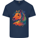 Horse Head Equestrian Mens V-Neck Cotton T-Shirt Navy Blue