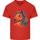 Horse Head Equestrian Mens V-Neck Cotton T-Shirt Red