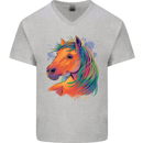 Horse Head Equestrian Mens V-Neck Cotton T-Shirt Sports Grey