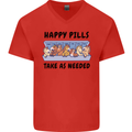 Horse Pills Funny Equestrian Mens V-Neck Cotton T-Shirt Red