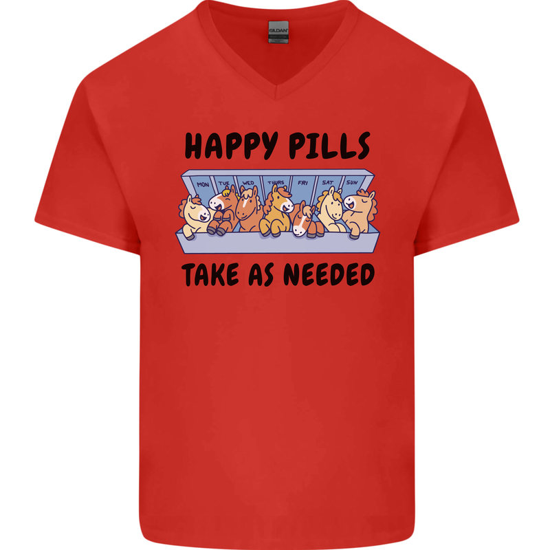 Horse Pills Funny Equestrian Mens V-Neck Cotton T-Shirt Red