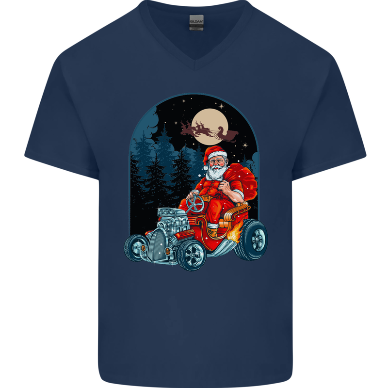 Hot Rod Santa Clause Hotrod Christmas Mens V-Neck Cotton T-Shirt Navy Blue