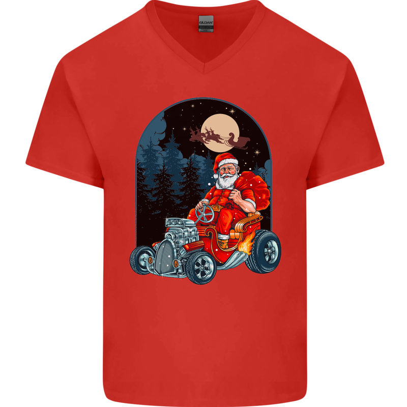 Hot Rod Santa Clause Hotrod Christmas Mens V-Neck Cotton T-Shirt Red