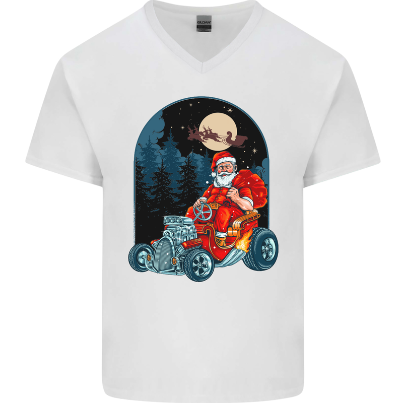 Hot Rod Santa Clause Hotrod Christmas Mens V-Neck Cotton T-Shirt White