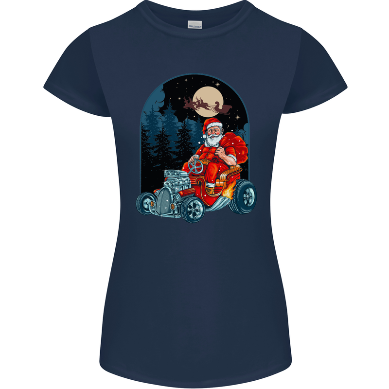 Hot Rod Santa Clause Hotrod Christmas Womens Petite Cut T-Shirt Navy Blue