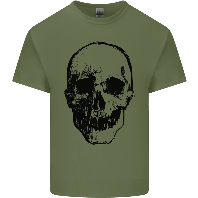 Human Skull Mens Cotton T-Shirt Tee Top Military Green