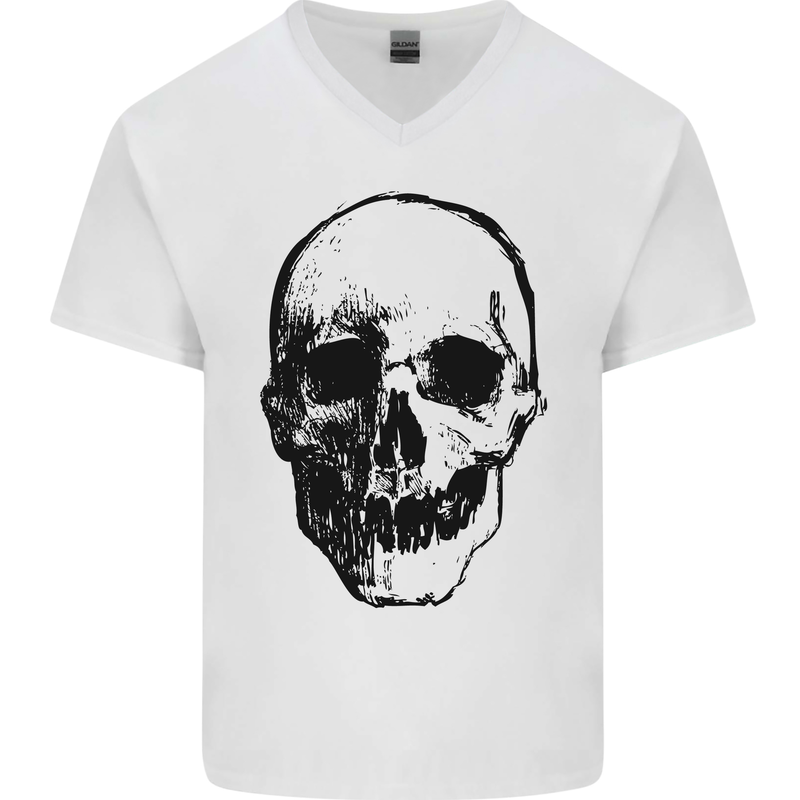 Human Skull Mens V-Neck Cotton T-Shirt White