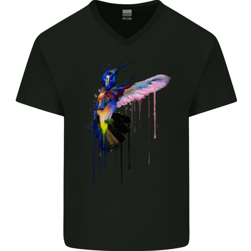 Hummingbird Watercolour Bird Mens V-Neck Cotton T-Shirt Black