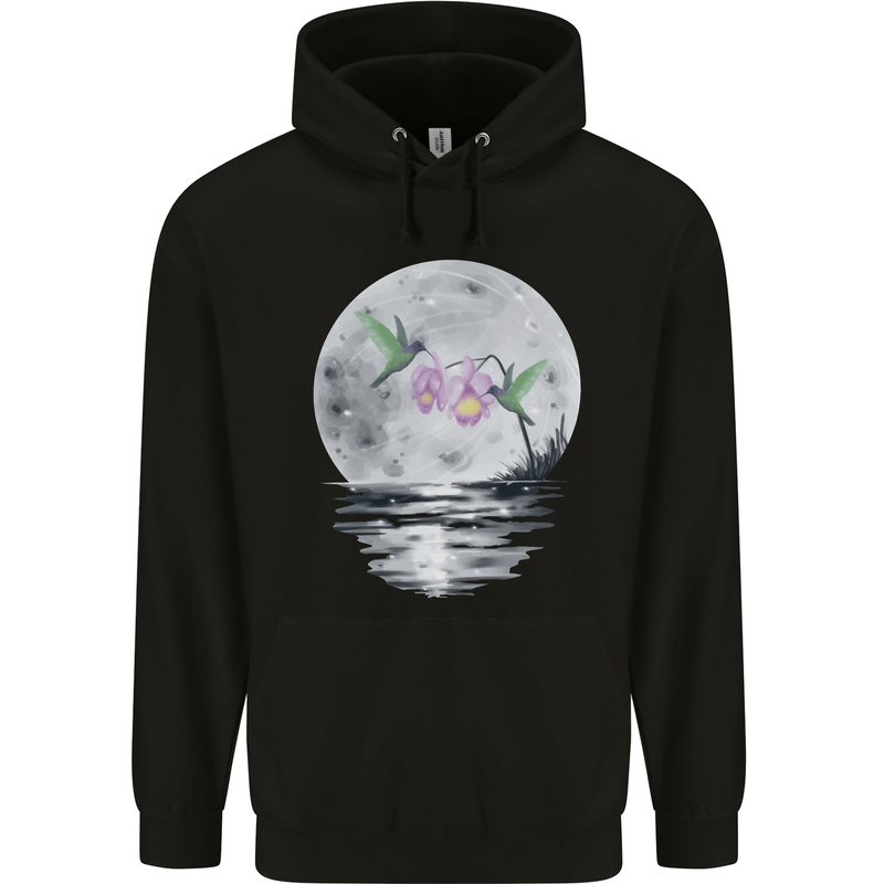 Hummingbirds With Moon & Flower Mens 80% Cotton Hoodie Black