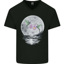 Hummingbirds With Moon & Flower Mens V-Neck Cotton T-Shirt Black