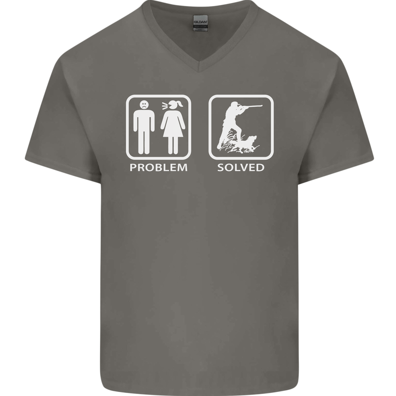 Hunting Problem Solved Funny Hunter Mens V-Neck Cotton T-Shirt Charcoal