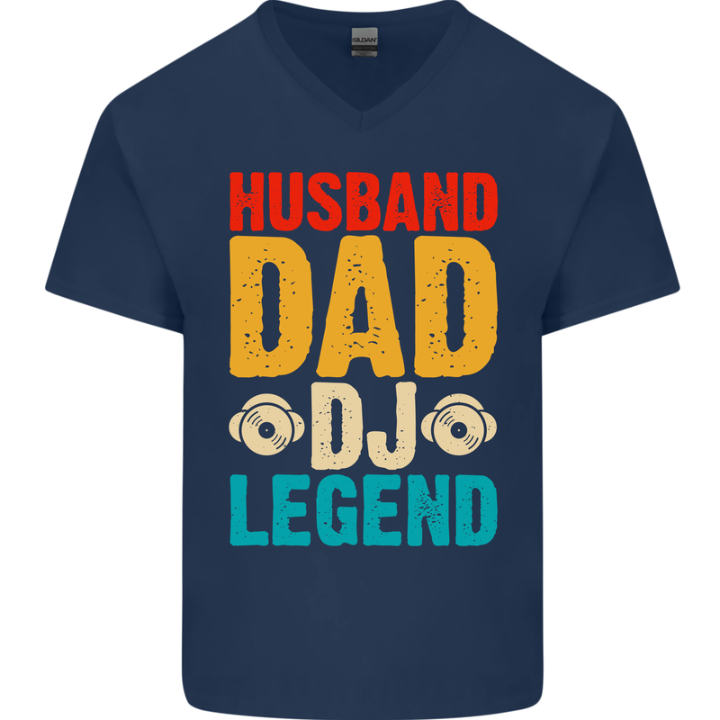 Husband Dad DJ Legend Fathers Day Mens V-Neck Cotton T-Shirt Navy Blue