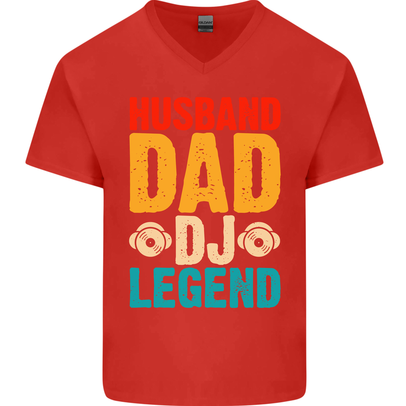 Husband Dad DJ Legend Fathers Day Mens V-Neck Cotton T-Shirt Red