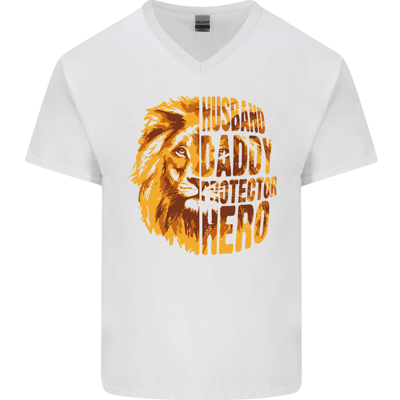 Husband Daddy Protector Hero Fathers Day Mens V-Neck Cotton T-Shirt White