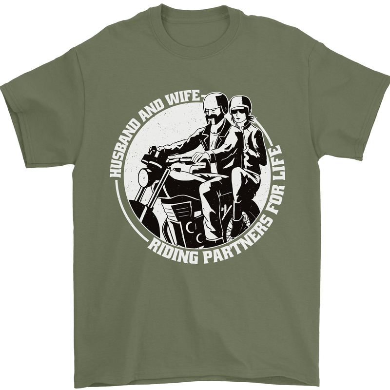 Husband and Wife Biker Motorcycle Motorbike Mens T-Shirt 100% Cotton Military Green