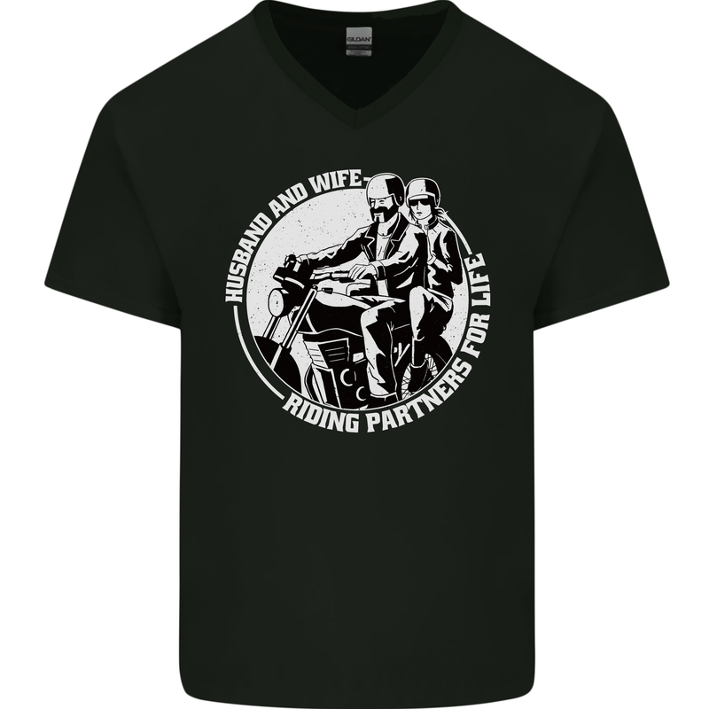 Husband and Wife Biker Motorcycle Motorbike Mens V-Neck Cotton T-Shirt Black