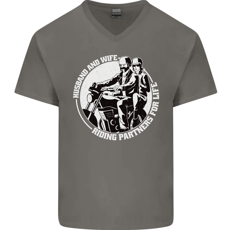 Husband and Wife Biker Motorcycle Motorbike Mens V-Neck Cotton T-Shirt Charcoal