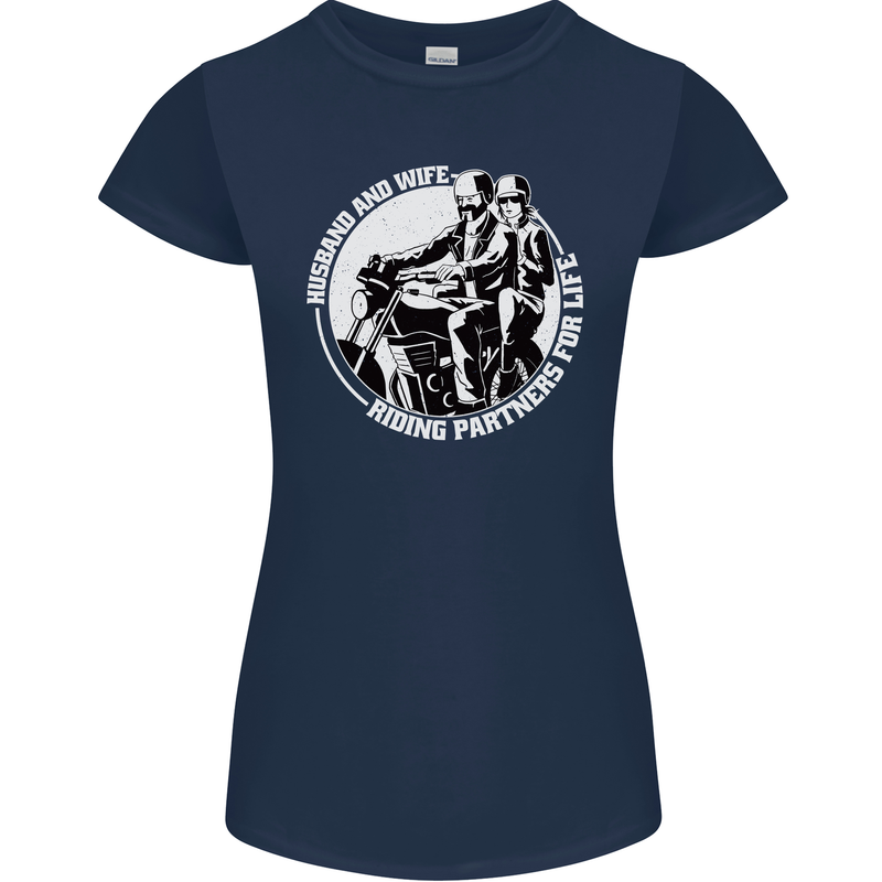 Husband and Wife Biker Motorcycle Motorbike Womens Petite Cut T-Shirt Navy Blue