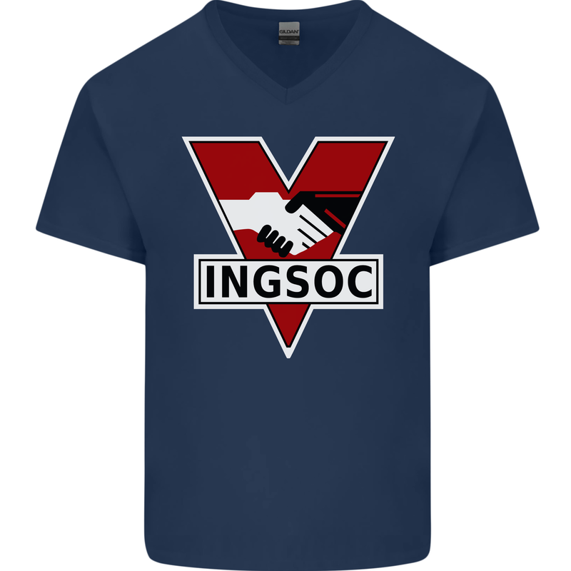 INGSOC George Orwell English Socialism 1994 Mens V-Neck Cotton T-Shirt Navy Blue