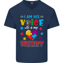 I Am His Voice He My Heart Autism Autistic Mens V-Neck Cotton T-Shirt Navy Blue