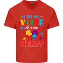 I Am His Voice He My Heart Autism Autistic Mens V-Neck Cotton T-Shirt Red