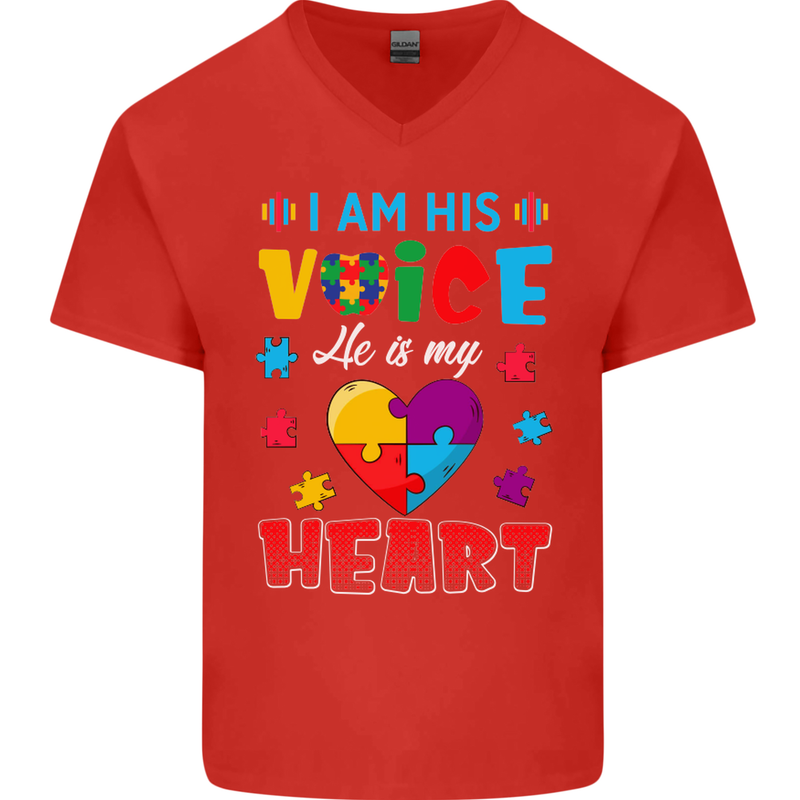 I Am His Voice He My Heart Autism Autistic Mens V-Neck Cotton T-Shirt Red